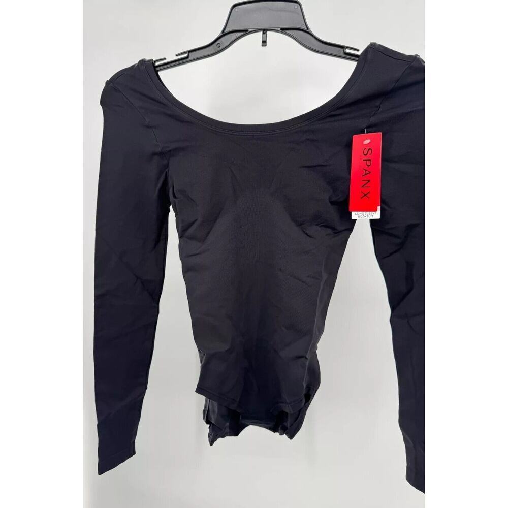Spanx Womens Stretch Round Neck Slimming Bodysuit Long Sleeve Size M Black